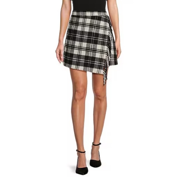 Antonio Melani Georgie Brushed Plaid Fringe Wrap Front Mini A-Line Skirt Size 10 - Picture 16 of 16